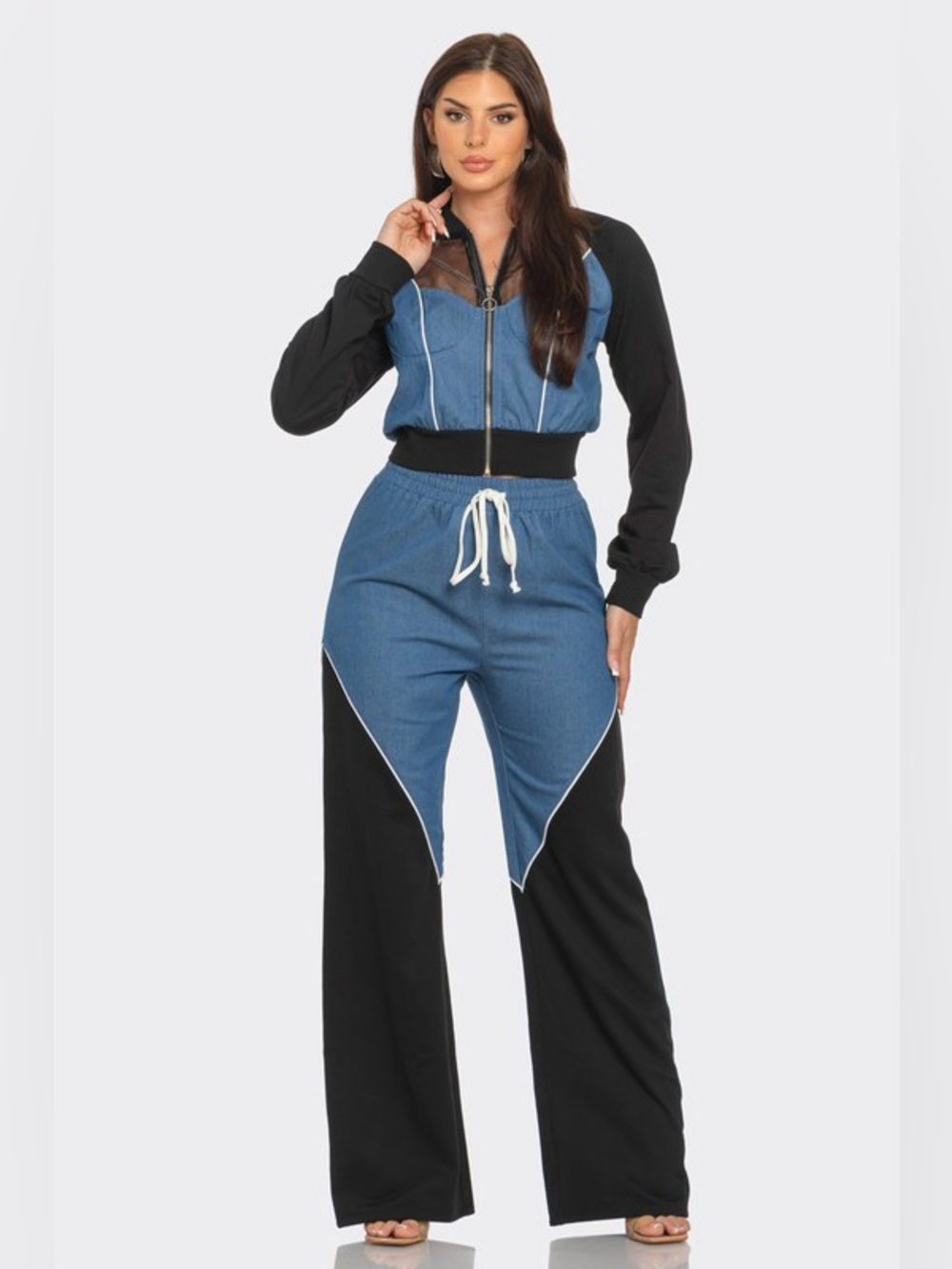 NWOT Two-Tone Blue and Black Zip Front Pant Set